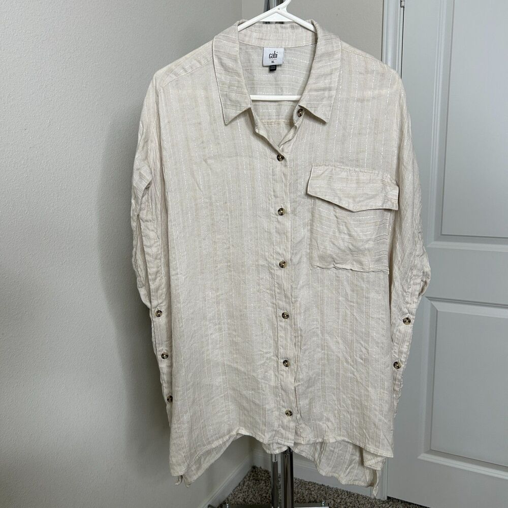 Cabi Boxy Shirt XL Cream Linen Blend Button Up Striped Lagenlook Coastal Chic